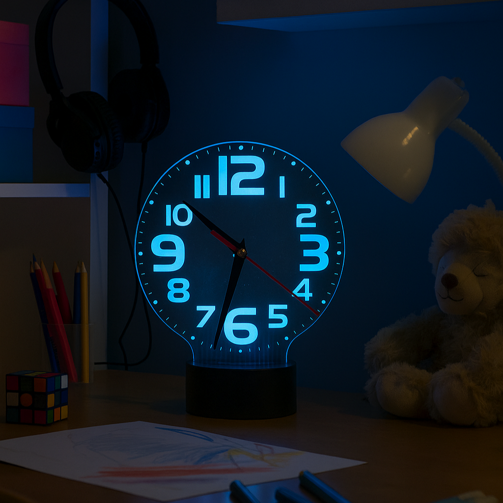 Neon clock on a desk with a teddy bear and lamp in the background