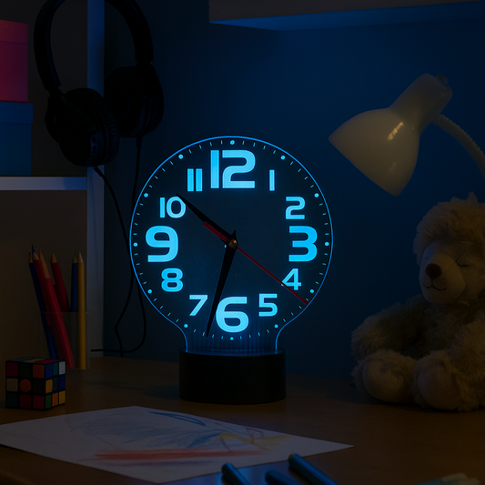 Neon clock on a desk with a teddy bear and lamp in the background