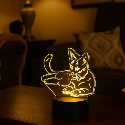 Decorative lamp shaped like a cat on a table in a dimly lit room.