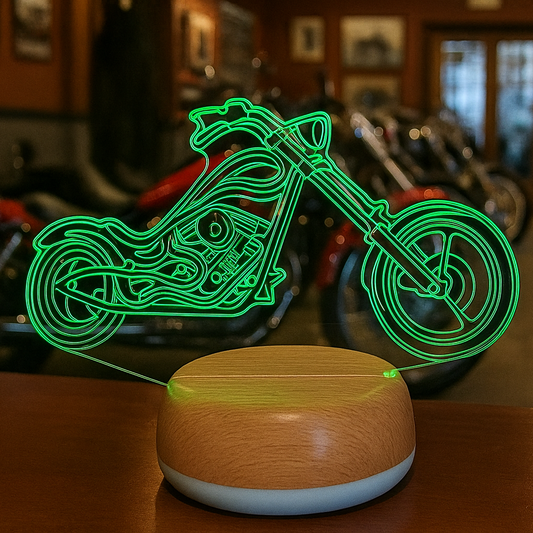Motorcycle-shaped night light on a wooden surface with motorcycles in the background