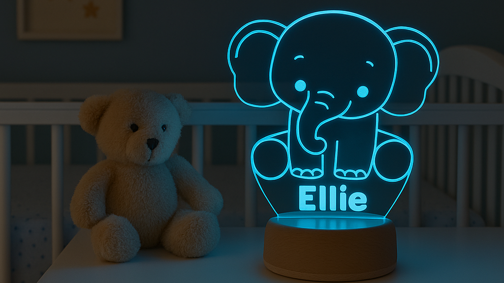Neon elephant lamp with 'Ellie' on a nightstand in a child's room.