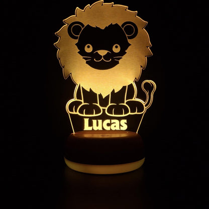 Personalised lion LED night light with custom name engraving, jungle nursery decor for baby or toddler room
