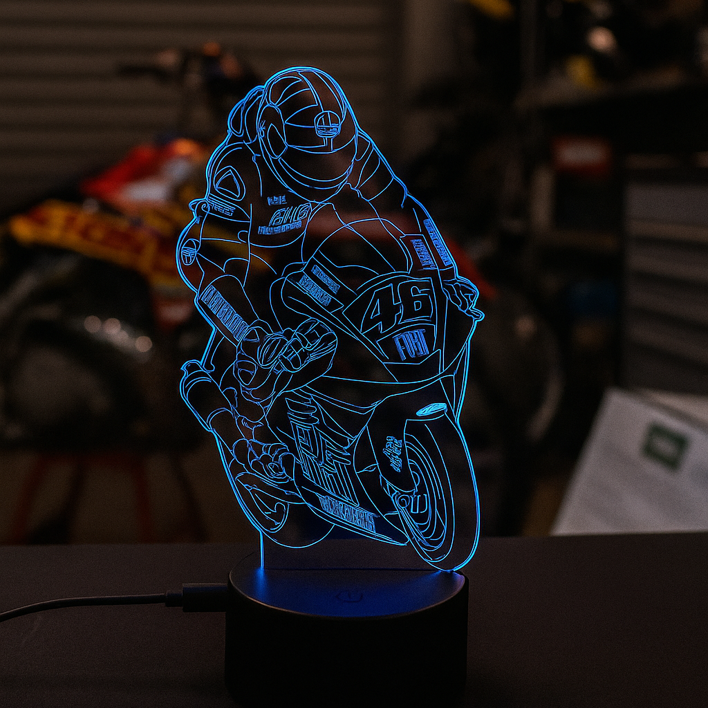 3D LED lamp of a motorcycle and rider in a dark setting