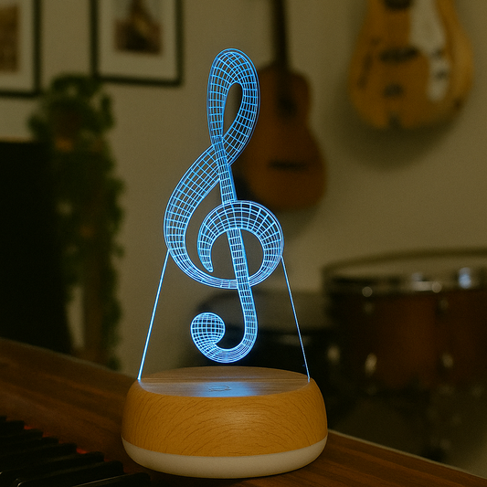 Glowing treble clef lamp on a piano with guitars and drums in the background
