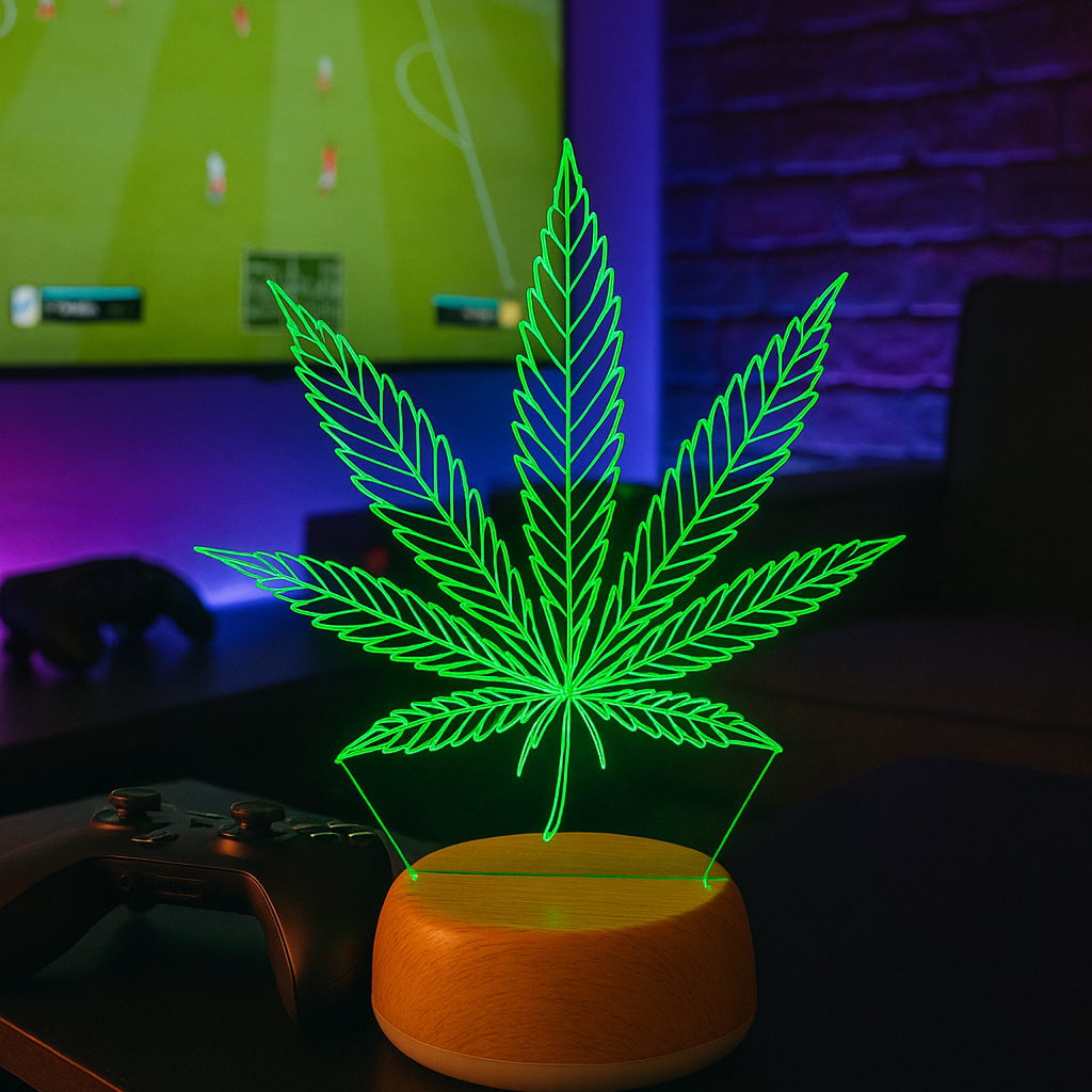 Glowing cannabis leaf lamp on a table with a TV displaying a sports game in the background.