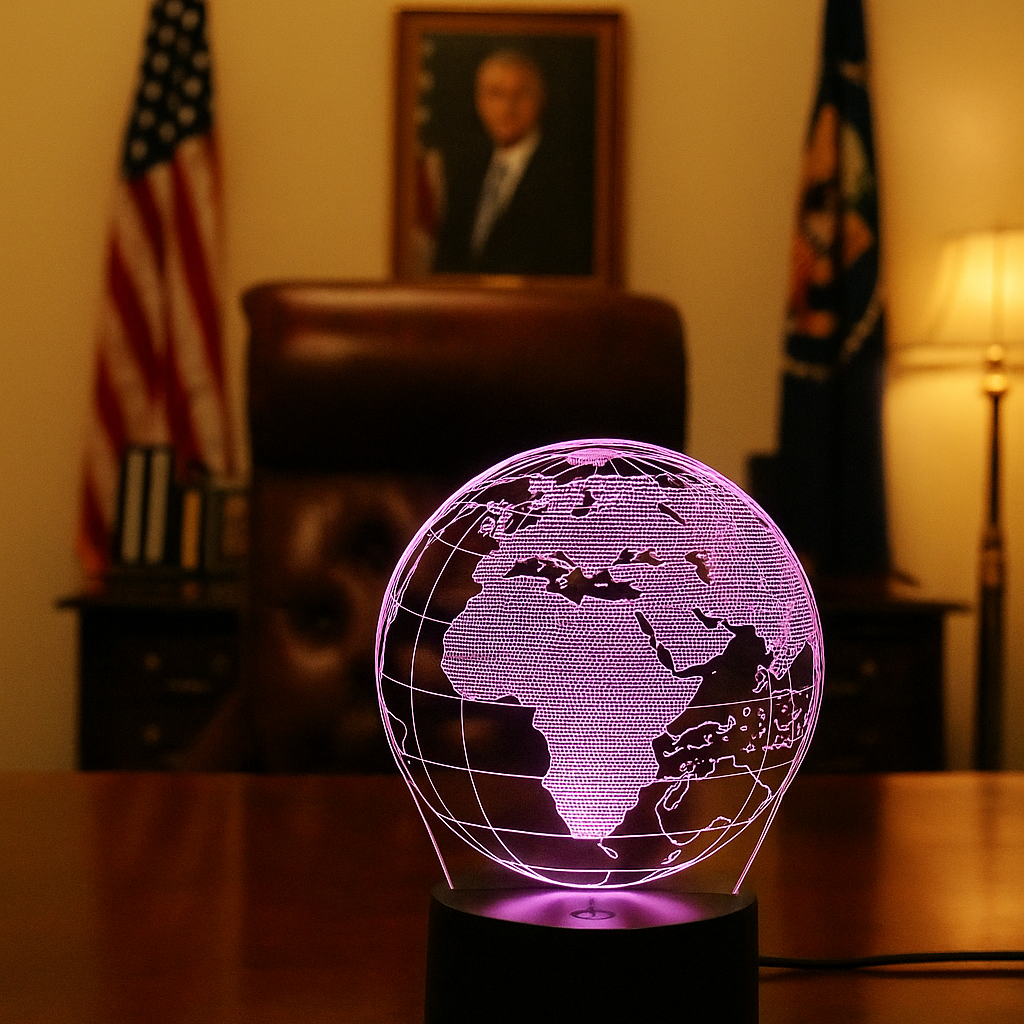 World map lamp on a desk with a blurred office background