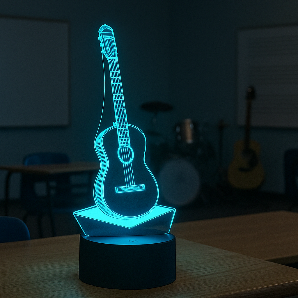 Glowing guitar-shaped lamp on a table in a dark room with musical instruments in the background