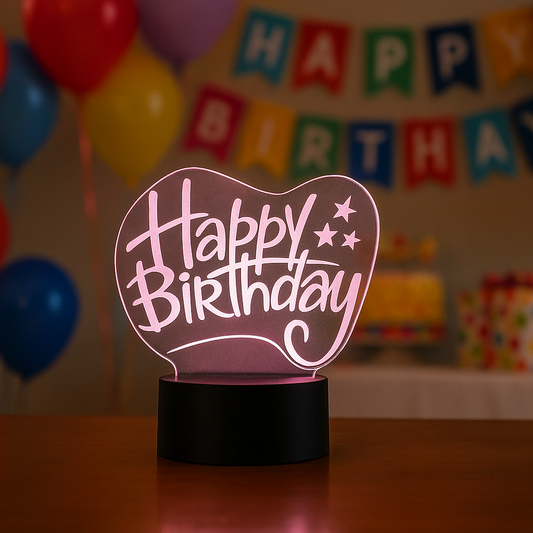 Happy Birthday LED sign with colorful balloons and decorations in the background