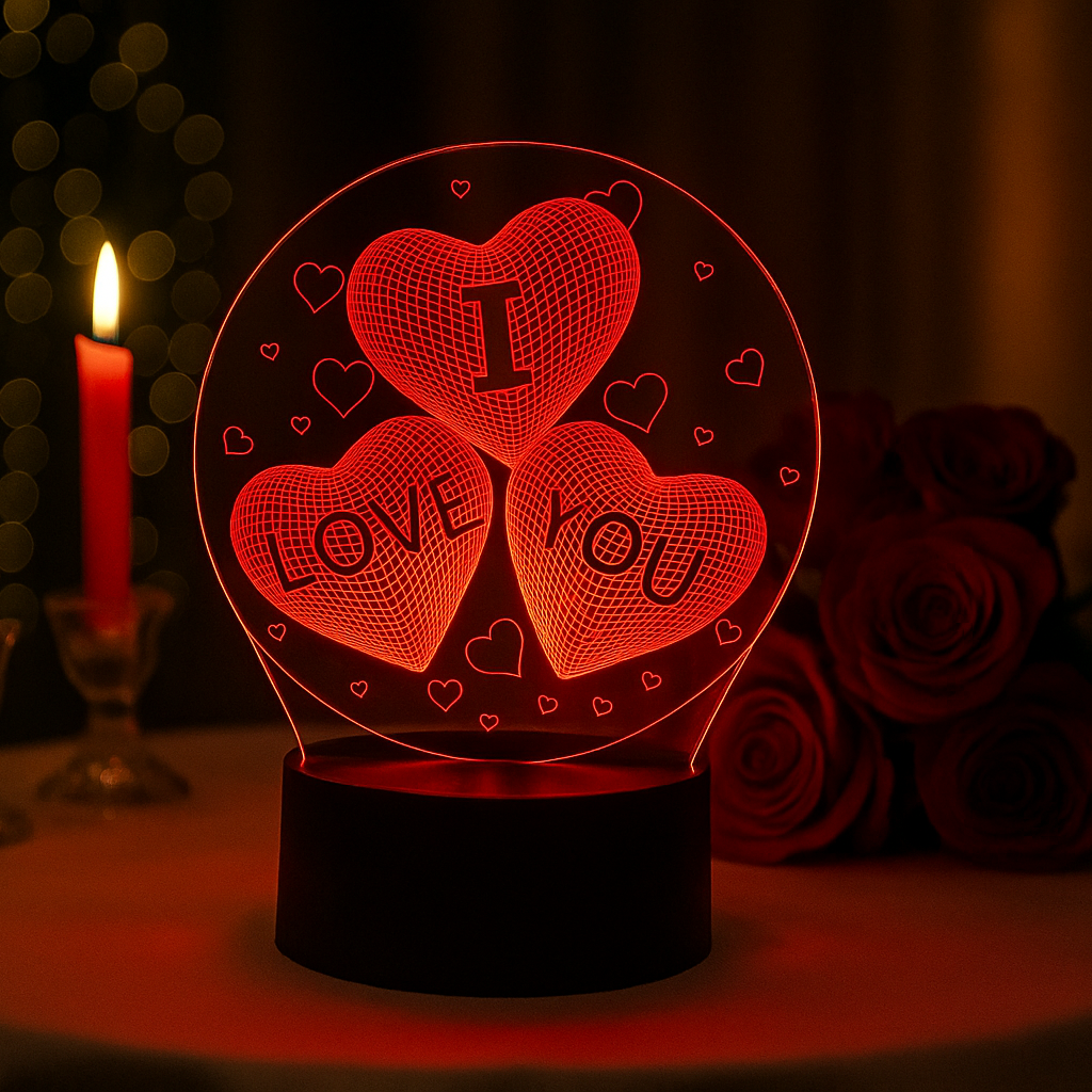 Decorative lamp with 'I love you' text on a table with candles and flowers.
