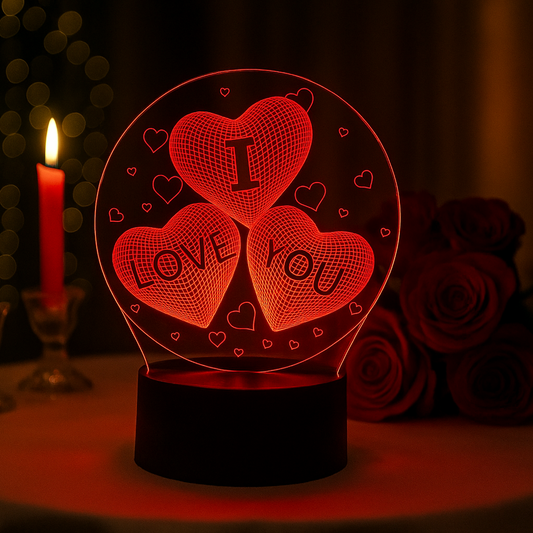 Decorative lamp with 'I love you' text on a table with candles and flowers.