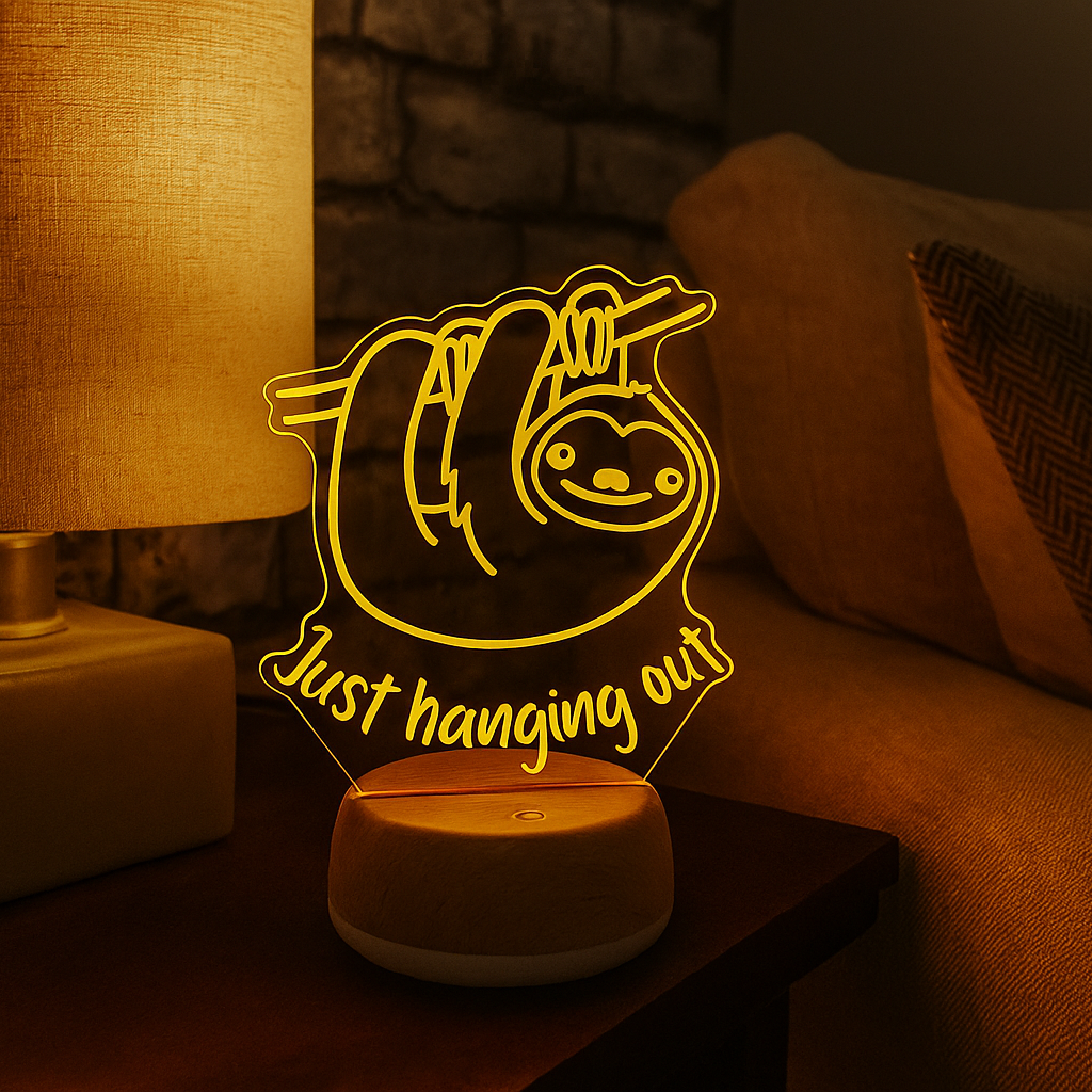 Sloth-themed night light on a bedside table with a cozy room setting.